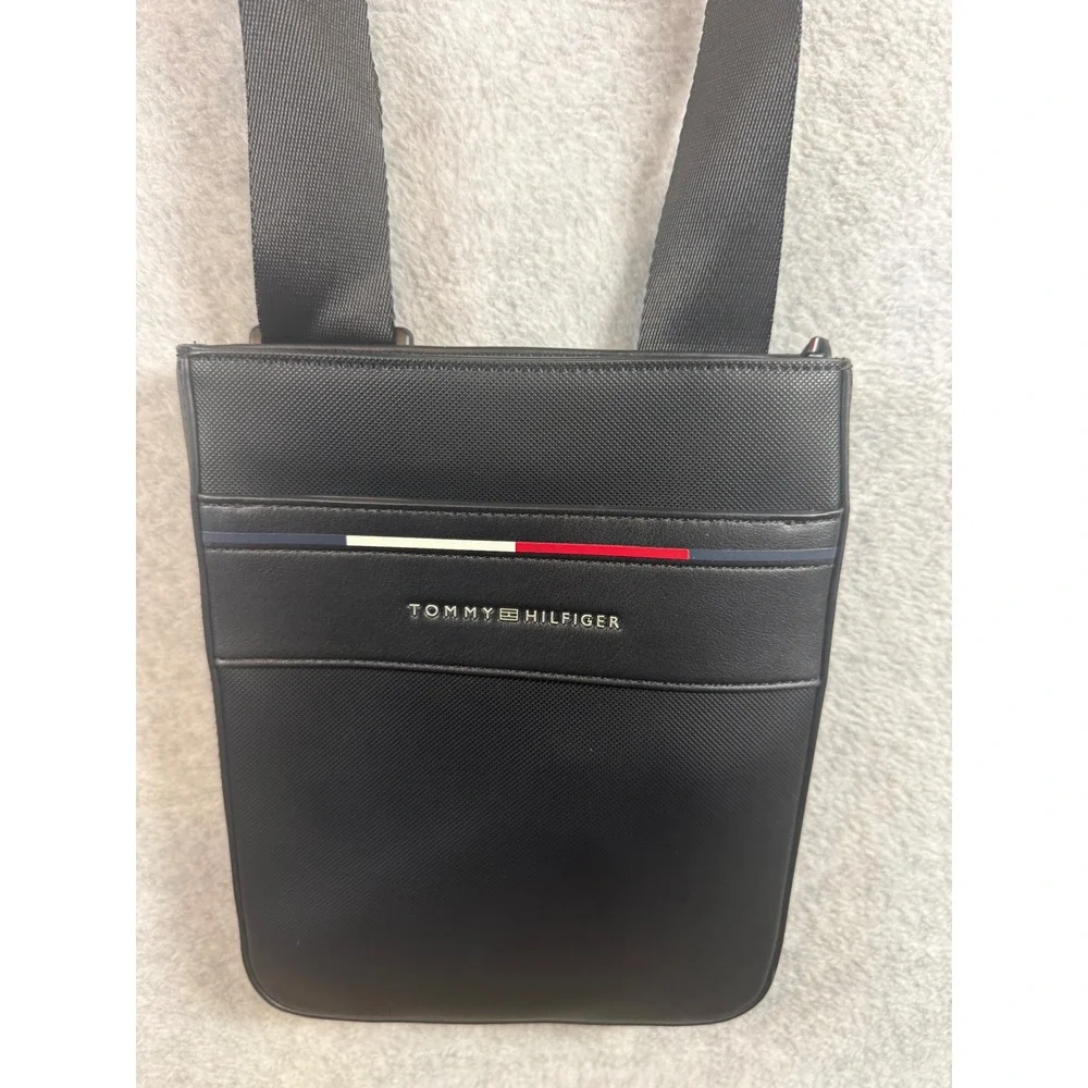Tommy Hilfiger Mens Crossbody Bag Black Signature Flag Stripe Messenger Bag